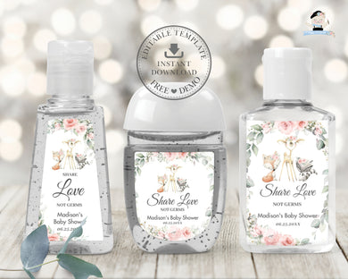 Woodland Animals Blush Floral Greenery Hand Sanitizer Lotion Labels Editable Template - Instant Download - Digital Printable File - WG10