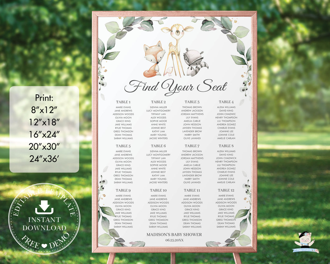 Woodland Animals Greenery Seating Chart Editable Template - Digital Printable File - Instant Download - WG11