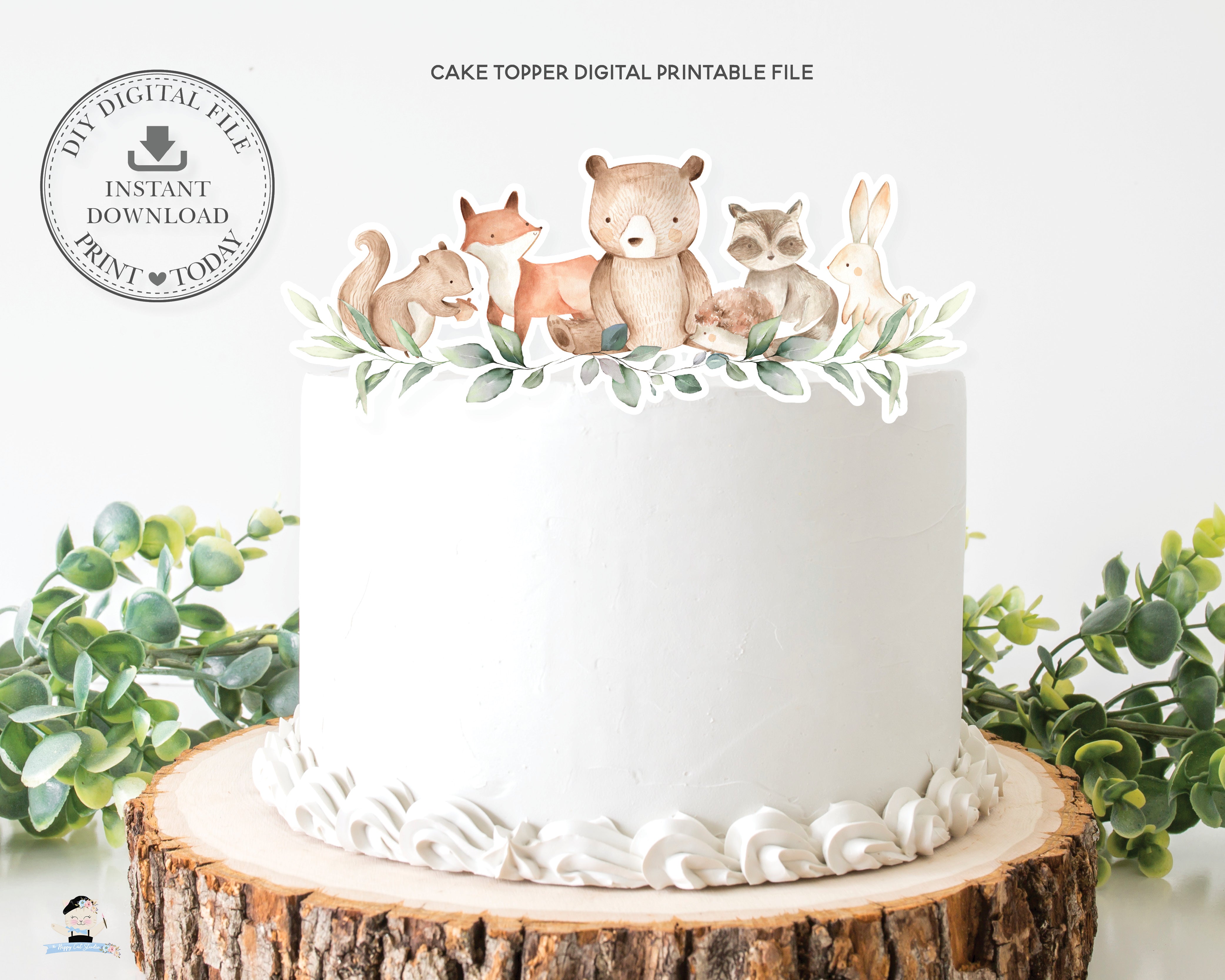 Chic Woodland Animals Greenery Cake Topper Digital Printable File