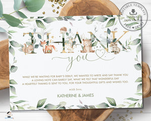 Greenery Woodland Animals Baby Shower Birthday Thank You Card Editable Template - Digital Printable File - Instant Download - WG12