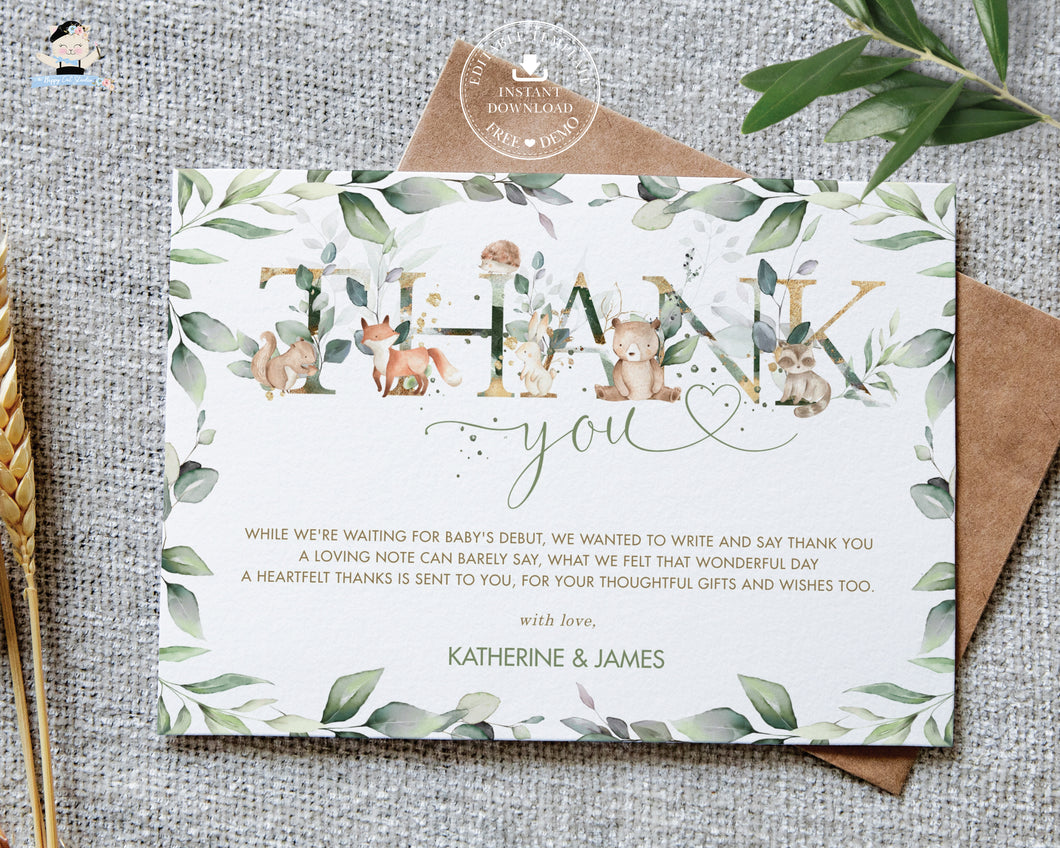 Greenery Woodland Animals Baby Shower Birthday Thank You Card Editable Template - Digital Printable File - Instant Download - WG12