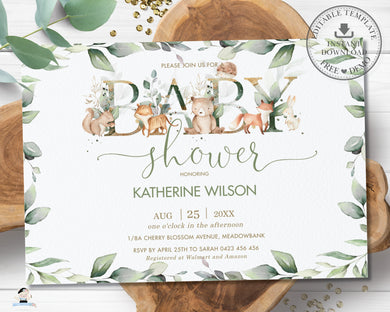 Chic Woodland Animals Greenery Baby Shower Invitation Editable Template - Digital Printable File - Instant Download - WG12