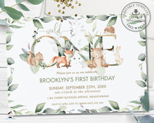Load image into Gallery viewer, Chic Woodland Animals Greenery ONE 1st Birthday Invitation Editable Template - Digital Printable File - Instant Download - WG12