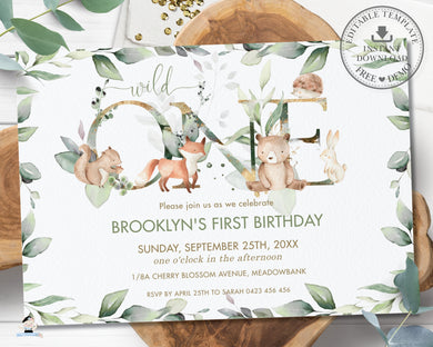 Chic Woodland Animals Greenery ONE 1st Birthday Invitation Editable Template - Digital Printable File - Instant Download - WG12