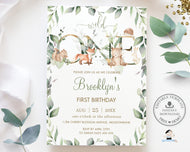 Cute Gender Neutral Woodland Animals Greenery ONE 1st Birthday Invitation Editable Template - Digital Printable File - Instant Download - WG12