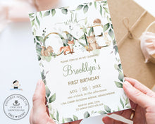 Load image into Gallery viewer, Cute Gender Neutral Woodland Animals Greenery ONE 1st Birthday Invitation Editable Template - Digital Printable File - Instant Download - WG12