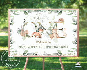 Chic Woodland Greenery 1st Birthday Wild One Welcome Sign A1 Editable Template - Digital Printable File - Instant Download - WG12