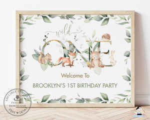 Chic Woodland Greenery 1st Birthday Wild One Welcome Sign 24"x36" Editable Template - Digital Printable File - Instant Download - WG12