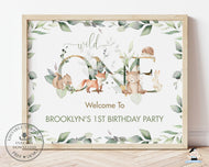 Chic Woodland Greenery 1st Birthday Wild One Welcome Sign A1 Editable Template - Digital Printable File - Instant Download - WG12