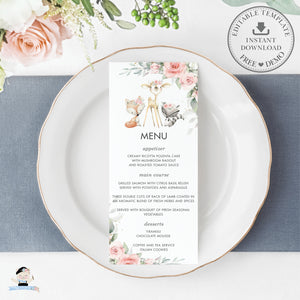 Woodland Pink Floral Greenery Lunch Dinner Menu Editable Template - Digital Printable File - Instant Download - WG10
