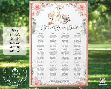Woodland Pink Floral Greenery Seating Chart Editable Template - Digital Printable File - Instant Download - WG10
