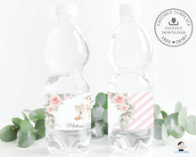 Load image into Gallery viewer, Chic Pink Floral Greenery Woodland Animals Water Bottle Label Wrapper Editable Template - Digital Printable File - Instant Download - WG10