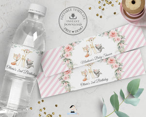 Chic Pink Floral Greenery Woodland Animals Water Bottle Label Wrapper Editable Template - Digital Printable File - Instant Download - WG10