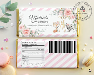 Woodland Animals Pink Floral Greenery Chocolate Bar Wrapper Aldi Hershey's - Editable Template - Digital Printable File - Instant Download - WG10