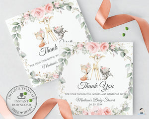 Chic Soft Pink Floral Greenery Woodland Animals Favor Gift Tags Editable Template - Digital Printable File - Instant Download - WG10