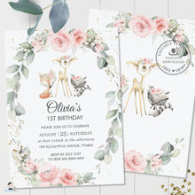 Load image into Gallery viewer, Chic Whimsical Woodland Animals Birthday Party Invitation Editable Template - Digital Printable File - Instant Download - WG10