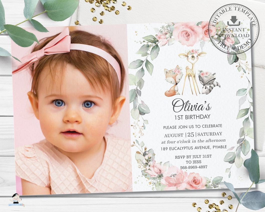 Chic Whimsical Woodland Animals Birthday Party Photo Invitation Editable Template - Digital Printable File - Instant Download - WG10