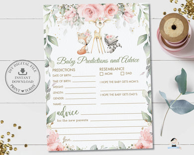 Pink Floral Greenery Woodland Animals Baby Predictions and Advice Activity Game - Instant Download Digital Printable File - WG10