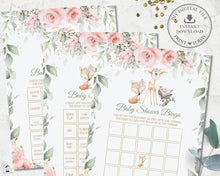 Load image into Gallery viewer, Pink Floral Greenery Woodland Baby Shower Bingo Game Activity Card - Instant Download Digital Printable File - WG10