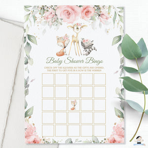 Pink Floral Greenery Woodland Baby Shower Bingo Game Activity Card - Instant Download Digital Printable File - WG10