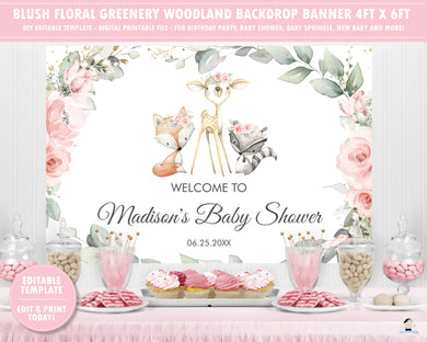Woodland Pink Floral Greenery Backdrop Wall Banner 4ft x 6ft Editable Template - Digital Printable File - Instant Download - WG10