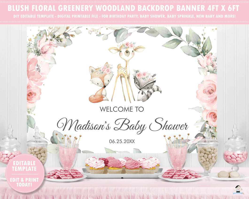 Woodland Pink Floral Greenery Backdrop Wall Banner 4ft x 6ft Editable Template - Digital Printable File - Instant Download - WG10
