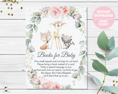 Chic Pink Floral Greenery Woodland Animals Bring a Book Instead of a Card Instant Download - Digital Printable File - WG10