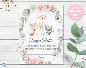 Chic Pink Floral Greenery Woodland Animals Diaper Raffle Cards Baby Shower - Instant Download - Digital Printable File - WG10