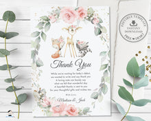 Load image into Gallery viewer, Woodland Pink Floral Greenery Thank You Note Card Editable Template - Digital Printable File - Instant Download - WG10