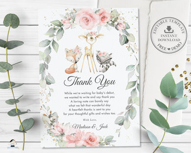 Woodland Pink Floral Greenery Thank You Note Card Editable Template - Digital Printable File - Instant Download - WG10