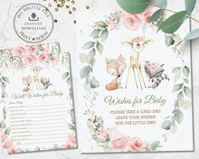 Load image into Gallery viewer, Pink Floral Greenery Woodland Animals Baby Shower Wishes for Baby Sign and Card Game Activity - Instant Download Digital Printable File - WG10