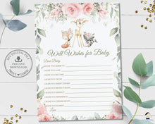 Load image into Gallery viewer, Pink Floral Greenery Woodland Animals Baby Shower Wishes for Baby Sign and Card Game Activity - Instant Download Digital Printable File - WG10