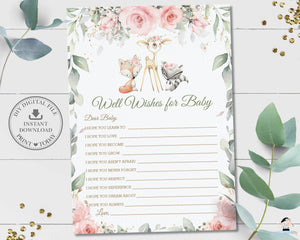 Pink Floral Greenery Woodland Animals Baby Shower Wishes for Baby Sign and Card Game Activity - Instant Download Digital Printable File - WG10