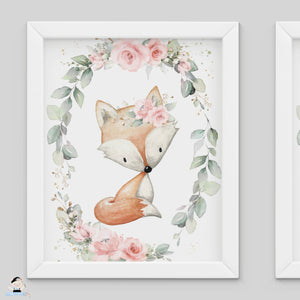 Set of 3 Whimsical Floral Greenery Woodland Animals Nursery Wall Art Deer Fox Raccoon - Digital Printable File - Instant Download - WG10
