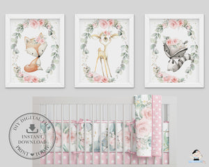 Set of 3 Whimsical Floral Greenery Woodland Animals Nursery Wall Art Deer Fox Raccoon - Digital Printable File - Instant Download - WG10