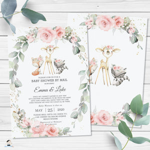 Pastel Floral Greenery Woodland Animals Baby Shower by Mail Invitation - Editable Template - Digital Printable File Instant Download - WG10