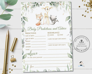 Rustic Greenery Woodland Animals Baby Predictions and Advice Baby Shower Activity - Digital Printable File - Instant Download - WG11