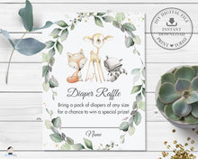 Load image into Gallery viewer, Rustic Woodland Animals Greenery Diaper Raffle Insert Card - Instant Download - Digital Printable File - WG11