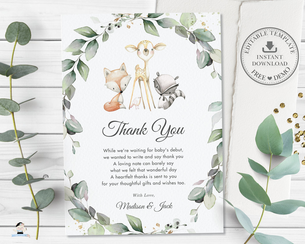 Rustic Greenery Woodland Animals Baby Shower Thank You Card, Editable Template, Instant Download, WG11
