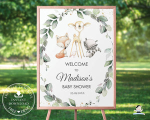 Rustic Greenery Woodland Animals Baby Shower Birthday Welcome Sign, Editable Template, Instant Download, WG11