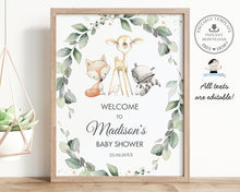 Load image into Gallery viewer, Rustic Greenery Woodland Animals Baby Shower Birthday Welcome Sign, Editable Template, Instant Download, WG11