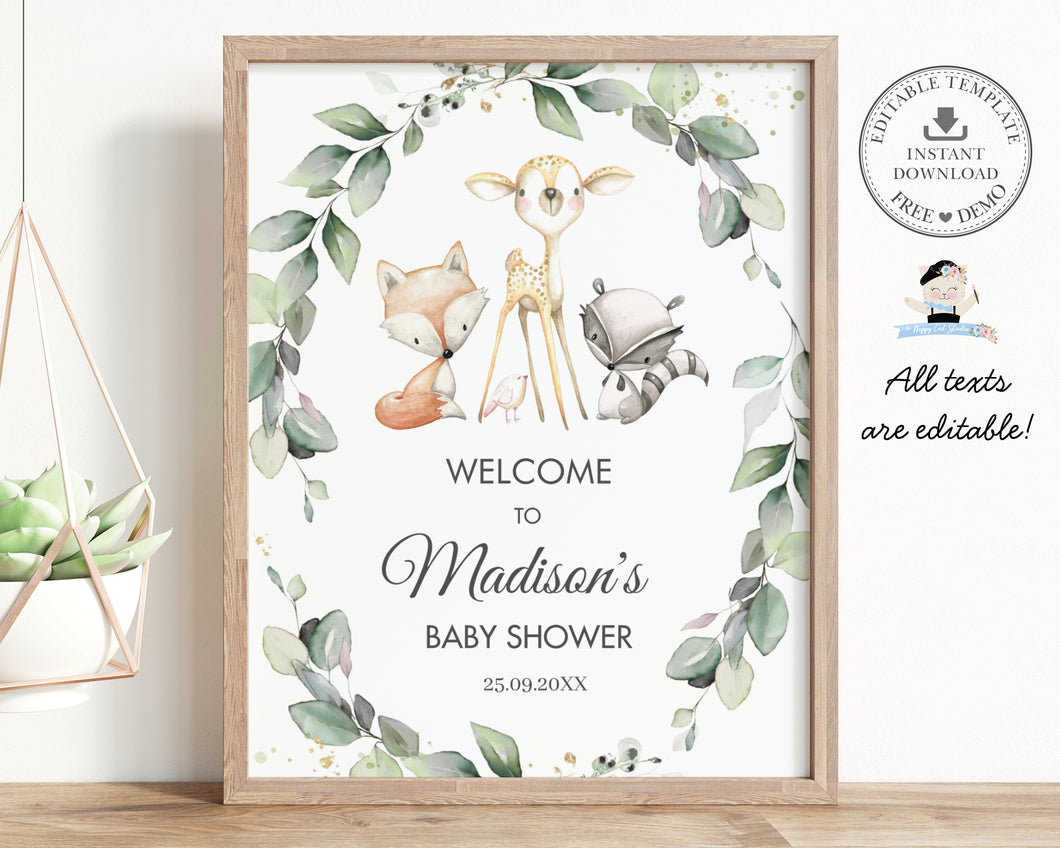 Rustic Greenery Woodland Animals Baby Shower Birthday Welcome Sign, Editable Template, Instant Download, WG11