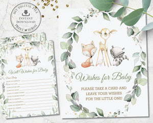 Rustic Greenery Woodland Animals Wishes for Baby Sign and Card Baby Shower Activity Game - Digital Printable File - Instant Download - WG11