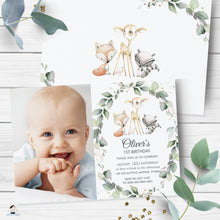 Load image into Gallery viewer, Chic Pastel Soft Greenery Woodland Animals Invitation, EDITABLE TEMPLATE, Boy 1st Birthday Photo Invites Printable, INSTANT Download, WG11