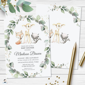 Rustic Greenery Woodland Animals Baby Shower Invitation, Editable Template, Instant Download, WG11
