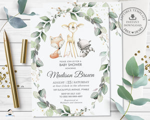 Rustic Greenery Woodland Animals Baby Shower Invitation, Editable Template, Instant Download, WG11