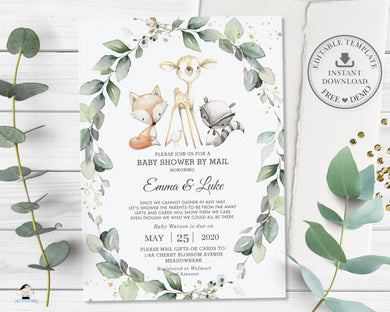 Rustic Greenery Woodland Animals Virtual Baby Shower by Mail Invitation, Editable Template, Instant Download, WG11