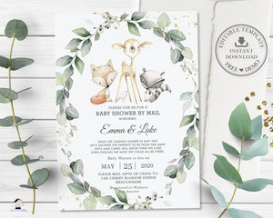 Rustic Greenery Woodland Animals Virtual Baby Shower by Mail Invitation, Editable Template, Instant Download, WG11