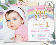 Load image into Gallery viewer, Rainbow Princess Bunny Rabbit Birthday Party Photo Invitation - Editable Template - Digital Printable File - Instant Download - CB5