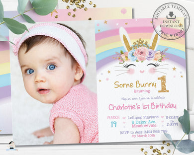 Rainbow Princess Bunny Rabbit Birthday Party Photo Invitation - Editable Template - Digital Printable File - Instant Download - CB5